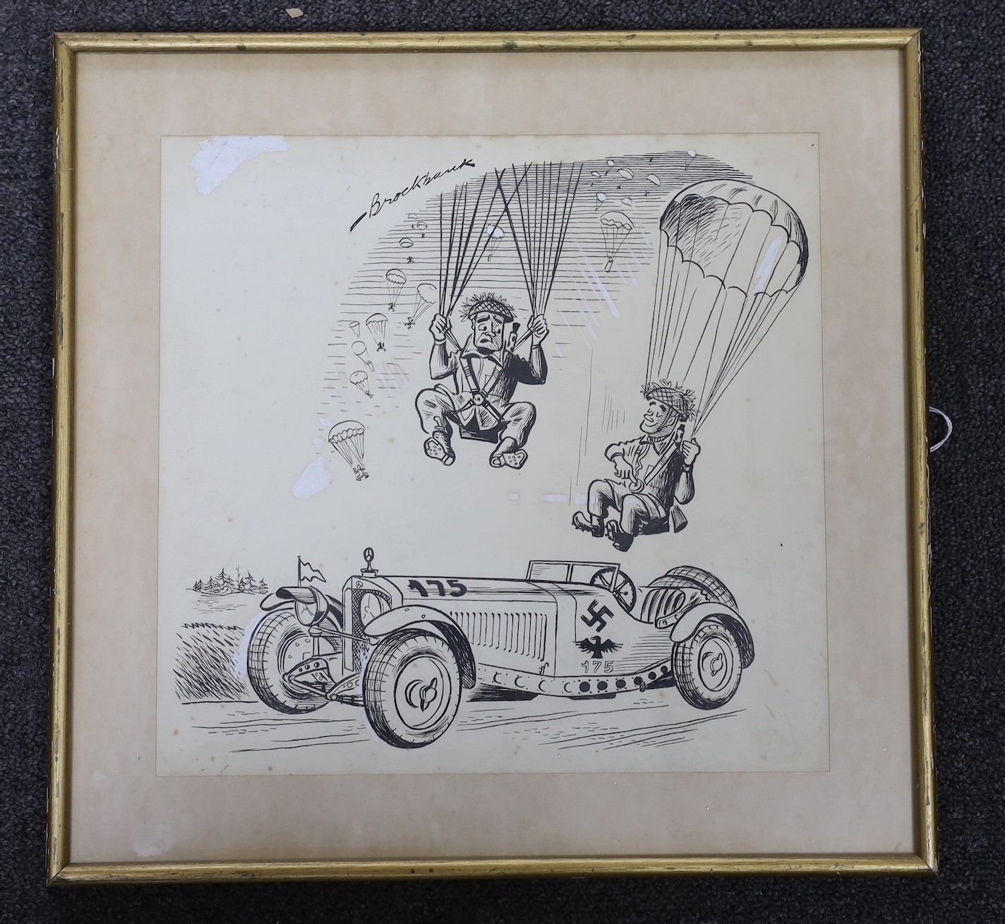 Russell Brockbank (1913-1979), original pen and ink cartoon for ‘The Motor’, paratroopers landing in a Mercedes SSK, signed, with a letter from the artist verso, 28 x 29cm